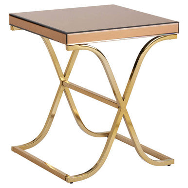 Brown Square Glass Top Side Table with Gold Finish Metallic X-Shaped Base, Kensington Townhouse