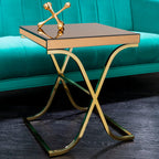Brown Square Glass Top Side Table with Gold Finish Metallic X-Shaped Base, Kensington Townhouse