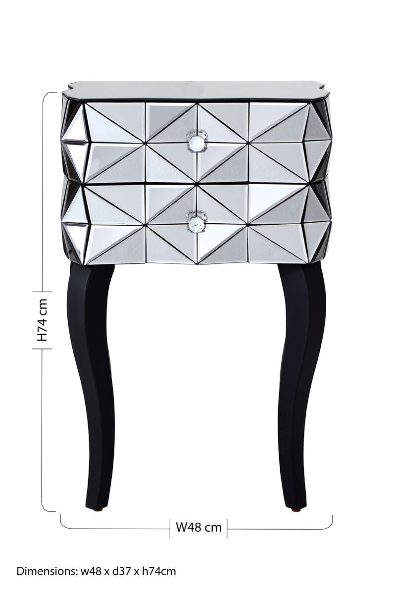Silver Smoked 3D Geometric Glass Front 2-Drawer Bedside Table with Cut Glass Handles and Cabriole Legs | Soho