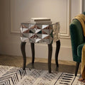 Silver Smoked 3D Geometric Glass Front 2-Drawer Bedside Table with Cut Glass Handles and Cabriole Legs | Soho