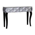 Smoke Mirrored Glass Top Two-Drawer Console Table with 3D Glass Silver Detail and Black Wood Legs, Kensington Townhouse