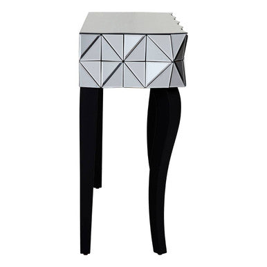 Smoke Mirrored Glass Top Two-Drawer Console Table with 3D Glass Silver Detail and Black Wood Legs, Kensington Townhouse