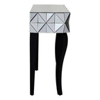 Smoke Mirrored Glass Top Two-Drawer Console Table with 3D Glass Silver Detail and Black Wood Legs, Kensington Townhouse