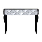 Smoke Mirrored Glass Top Two-Drawer Console Table with 3D Glass Silver Detail and Black Wood Legs, Kensington Townhouse