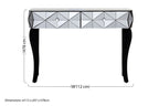 Smoke Mirrored Glass Top Two-Drawer Console Table with 3D Glass Silver Detail and Black Wood Legs, Kensington Townhouse