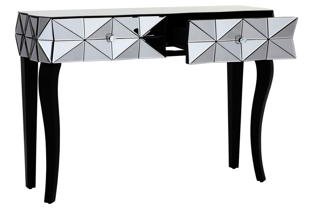 Smoke Mirrored Glass Top Two-Drawer Console Table with 3D Glass Silver Detail and Black Wood Legs, Kensington Townhouse