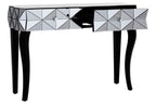 Smoke Mirrored Glass Top Two-Drawer Console Table with 3D Glass Silver Detail and Black Wood Legs, Kensington Townhouse
