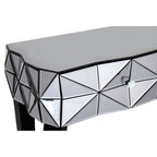Smoke Mirrored Glass Top Two-Drawer Console Table with 3D Glass Silver Detail and Black Wood Legs, Kensington Townhouse