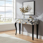 Smoke Mirrored Glass Top Two-Drawer Console Table with 3D Glass Silver Detail and Black Wood Legs, Kensington Townhouse