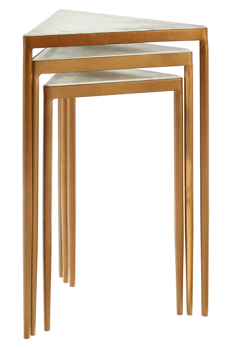 Set of 3 Triangle White Marble Top Nesting Tripod Tables Gold Legs, Kensington Townhouse