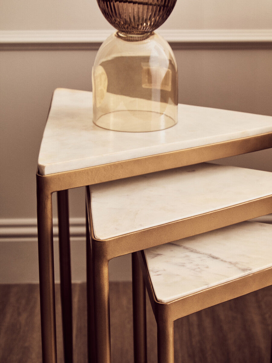 Set of 3 Triangle White Marble Top Nesting Tripod Tables Gold Legs, Kensington Townhouse