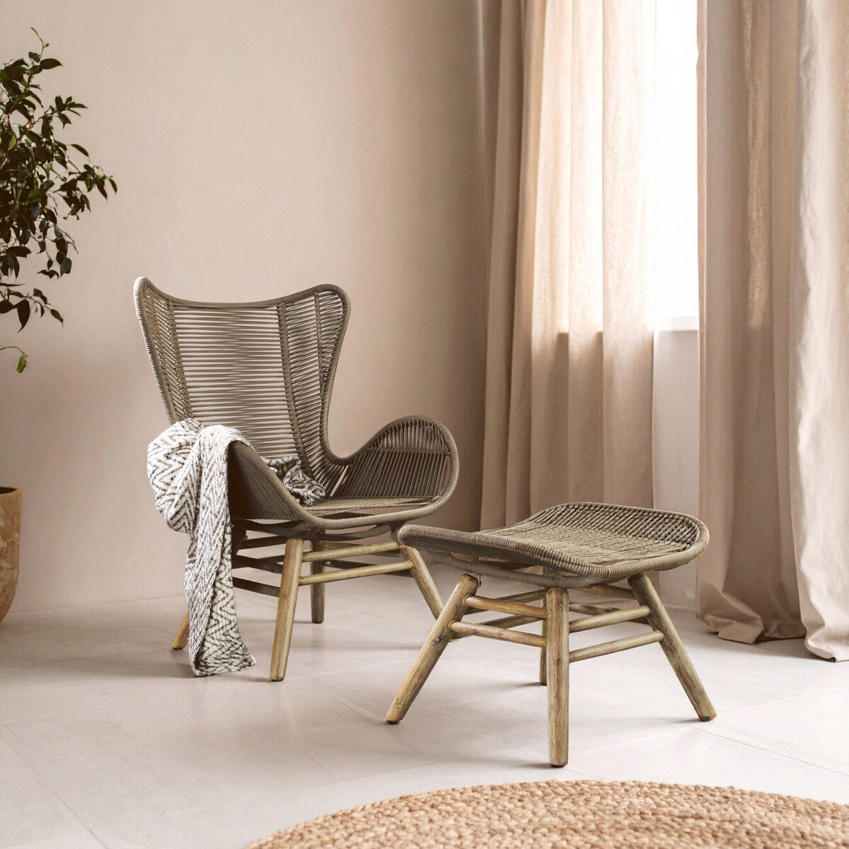 Latte Rope Lounge Chair and Footstool | Sisal