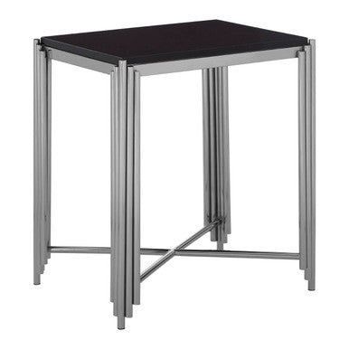 Black Granite Top Art Deco Side Table with Silver Finish X-Shaped Cross, Clarice