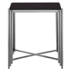 Black Granite Top Art Deco Side Table with Silver Finish X-Shaped Cross, Clarice