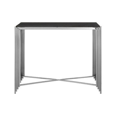 Black Granite Top Art Deco Console Table with Silver Finish X-Shaped Cross, Clarice