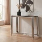 Black Granite Top Art Deco Console Table with Silver Finish X-Shaped Cross, Clarice