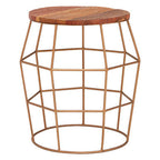 Natural Recycled Wood Top Rounded Side Table with Brass Iron Wireframe Base | Nandri