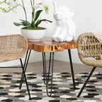 Natural Acacia Wood Slice Top Side Table with Black Metal Hairpin Legs | Nandri