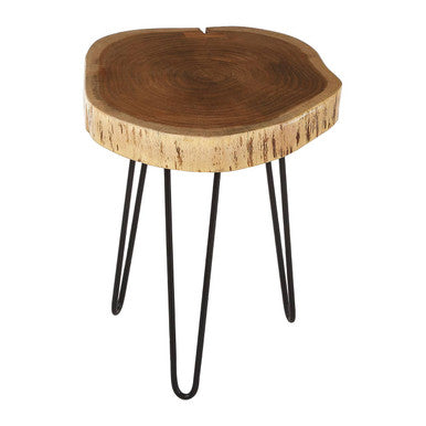 Brown Acacia Wood Cross Section Top Tripod Base Side Table | Nandri