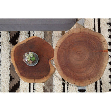 Brown Acacia Wood Cross Section Top Tripod Base Side Table | Nandri