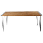 Brown Slatted Teak Wood Dining Table with Nickel Finish Hairpin Legs | Nandri