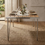 Brown Slatted Teak Wood Dining Table with Nickel Finish Hairpin Legs | Nandri