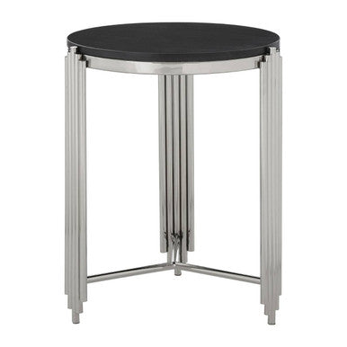 Black Granite Round Side Table with Silver Finish Fluted Effect Legs | Clarice