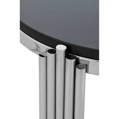 Black Granite Round Side Table with Silver Finish Fluted Effect Legs | Clarice