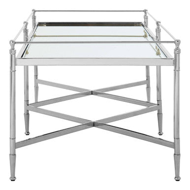 Mirrored Glass Top Coffee Table with Silver Finish Metal Cross Frame, Zach
