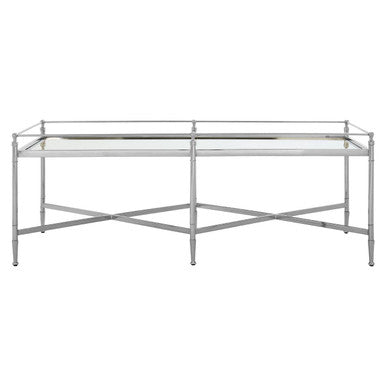 Mirrored Glass Top Coffee Table with Silver Finish Metal Cross Frame, Zach