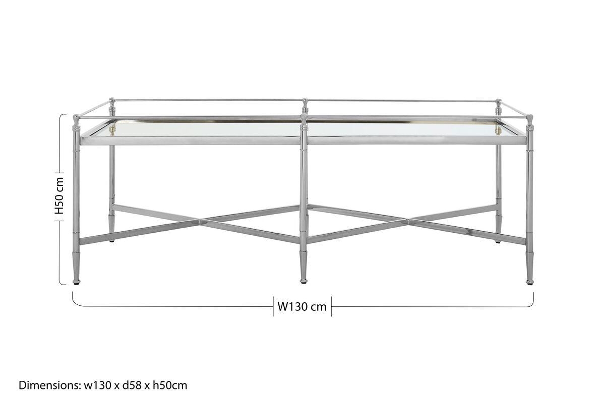 Mirrored Glass Top Coffee Table with Silver Finish Metal Cross Frame, Zach