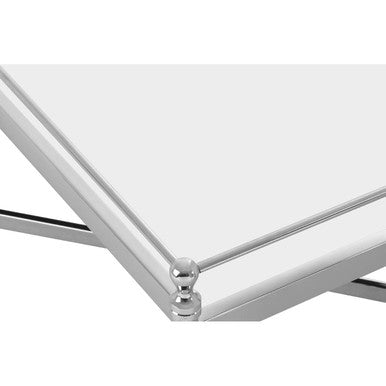 Mirrored Glass Top Coffee Table with Silver Finish Metal Cross Frame, Zach
