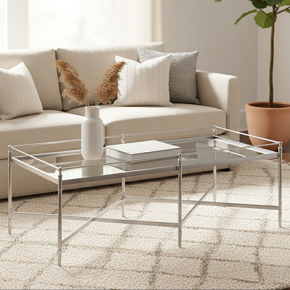 Mirrored Glass Top Coffee Table with Silver Finish Metal Cross Frame, Zach