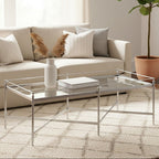 Mirrored Glass Top Coffee Table with Silver Finish Metal Cross Frame, Zach