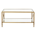 Gold Tarnished Brass Frame Coffee Table with Two-Tier Glass Shelves, Axis