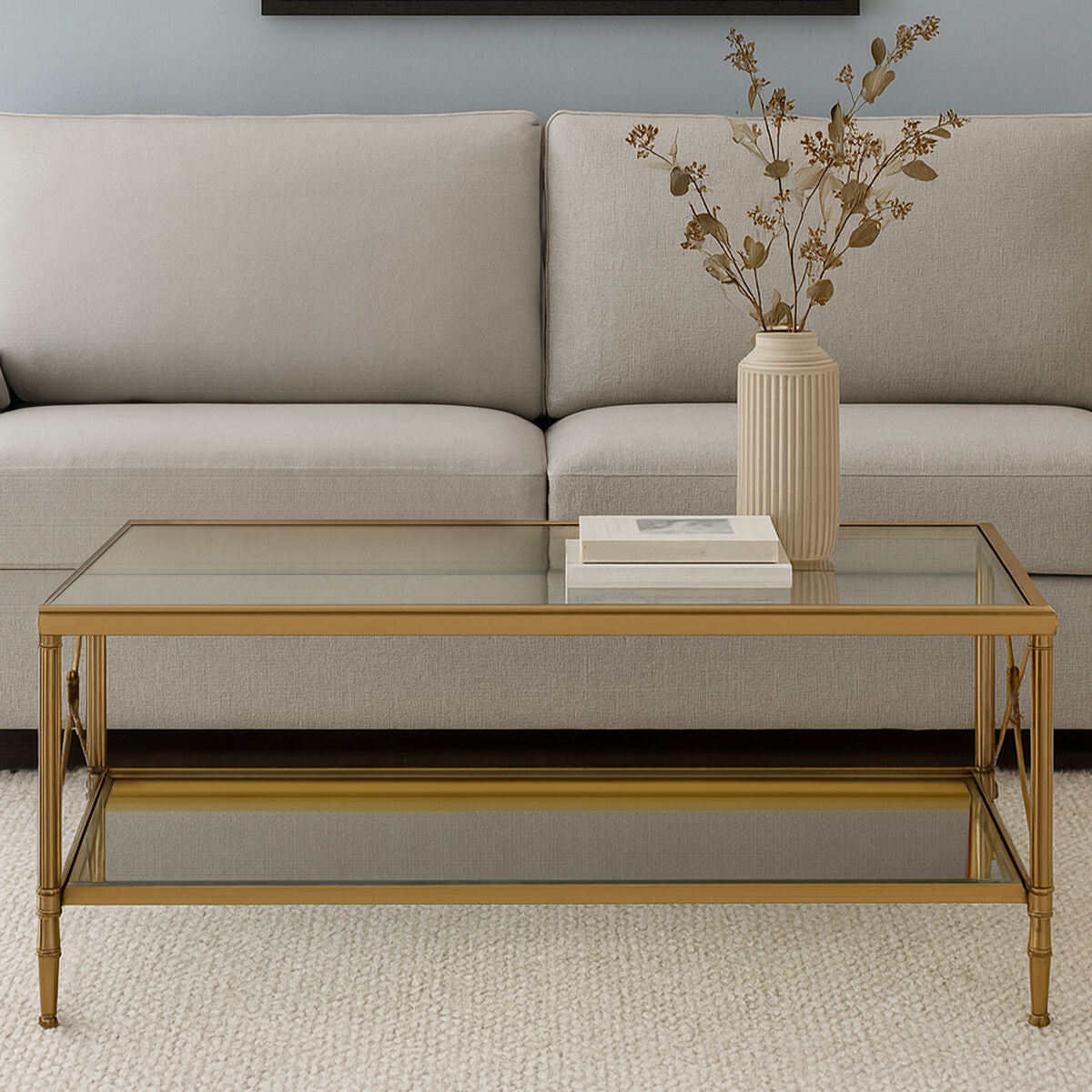 Gold Tarnished Brass Frame Coffee Table with Two-Tier Glass Shelves, Axis