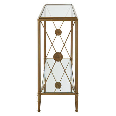 Gold Antique Effect Console Table with Cross End Design and Two-Tier Glass Shelves, Axis