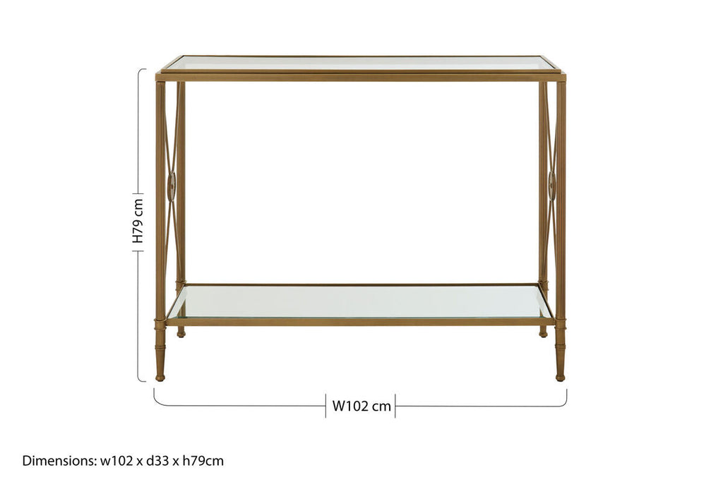 Gold Antique Effect Console Table with Cross End Design and Two-Tier Glass Shelves, Axis
