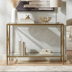 Gold Antique Effect Console Table with Cross End Design and Two-Tier Glass Shelves, Axis