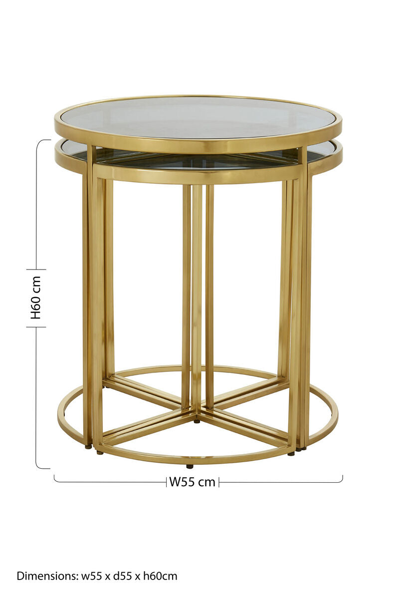 Black Tinted Glass Top 5 Piece Nesting Tables with Gold Finish Frames, Axis