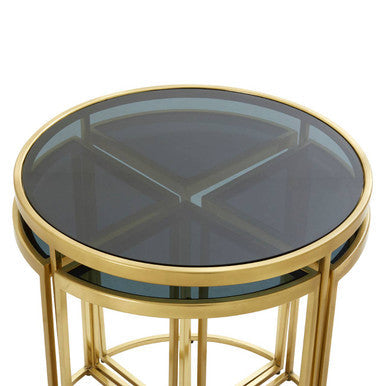 Black Tinted Glass Top 5 Piece Nesting Tables with Gold Finish Frames, Axis