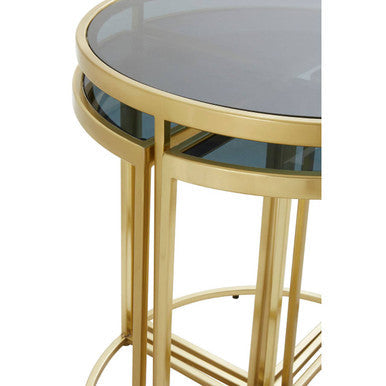 Black Tinted Glass Top 5 Piece Nesting Tables with Gold Finish Frames, Axis