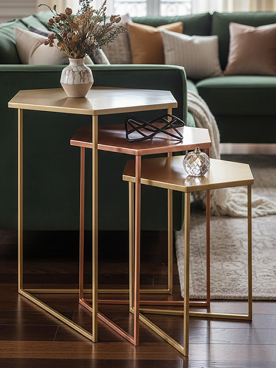 Assorted Gold Brass Bronze Set of 3 Nesting Tables with Iron Frames | Templar