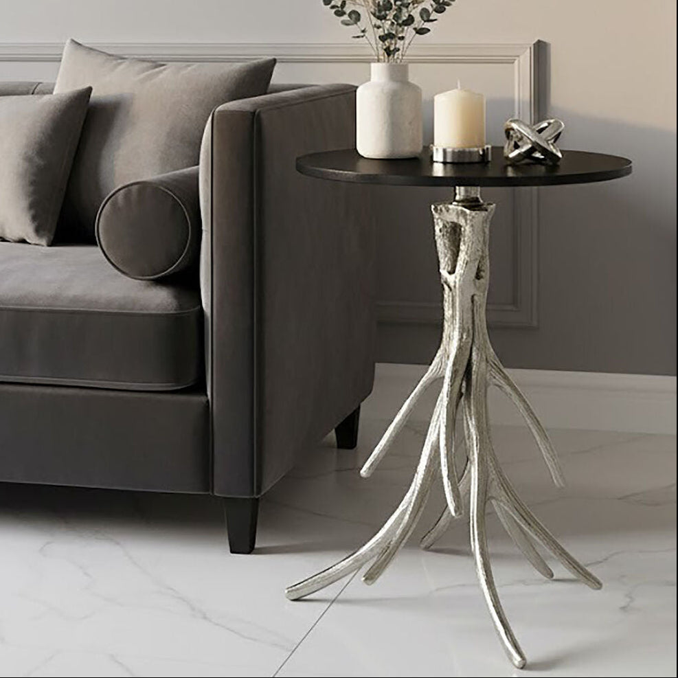 Black Marble Top Round Side Table with Nickel Base | Antler