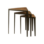 Black and Brown Carved Elm Wood Set of 3 Triangular Tables with Black Iron Legs | Elmo