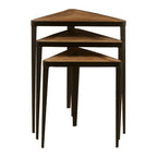 Black and Brown Carved Elm Wood Set of 3 Triangular Tables with Black Iron Legs | Elmo
