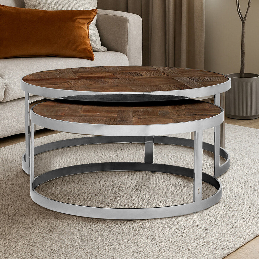 Brown Parquet Effect Elm Wood Top Nest of 2 Tables with Stainless Steel Frames | Mitra