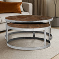 Brown Parquet Effect Elm Wood Top Nest of 2 Tables with Stainless Steel Frames | Mitra