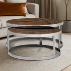 Brown Parquet Effect Elm Wood Top Nest of 2 Tables with Stainless Steel Frames | Mitra