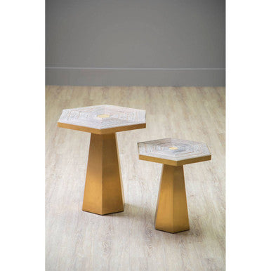 Gold and Natural Large Hexagon End Table with Grooved Elm Wood Top | Titan